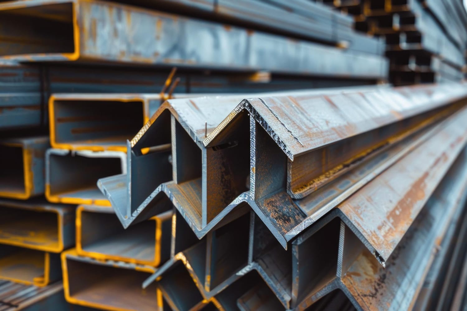 Barras de metais empilhadas.